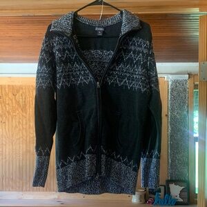 Women’s Eddie Bauer Gray White Fair Isle Two Way Full Zip Cotton Knit Sweater L